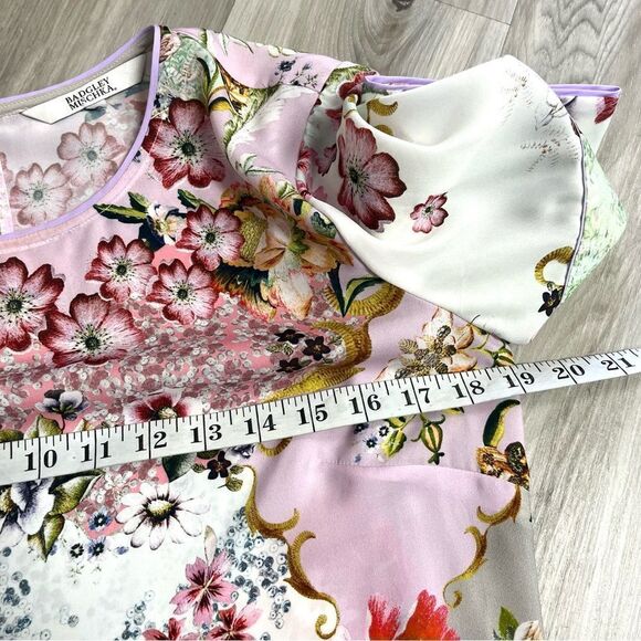 Badgley Mischka Top Women’s XS Pink & Gray Floral Print Short Bow Sleeve Blouse - Picture 7 of 7